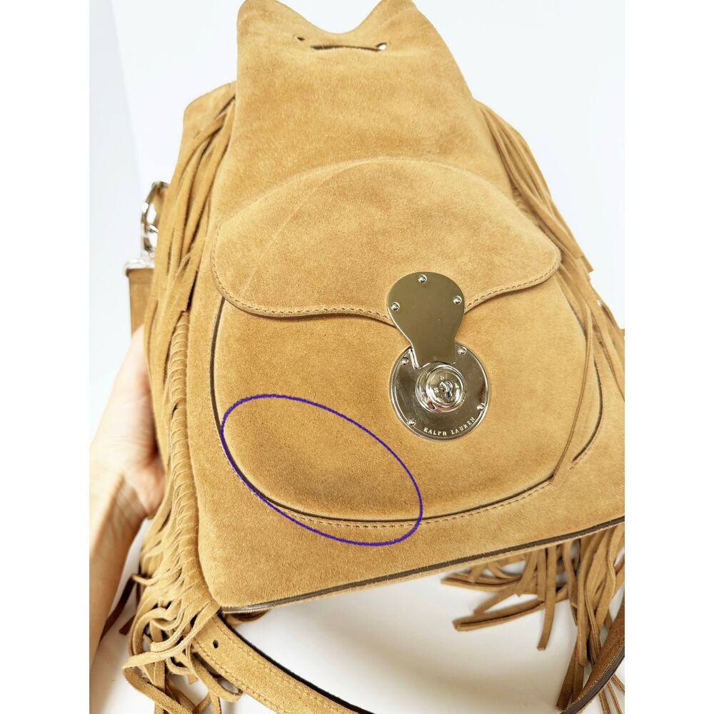 Ralph Lauren Ricky Fringe Bucket Bag Suede Camel Leather Drawstring Crossbody - Picture 13 of 16